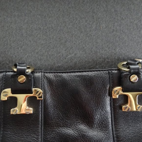 Tory Burch Black Leather T Tote Gold Bag Purse - Picture 3 of 8